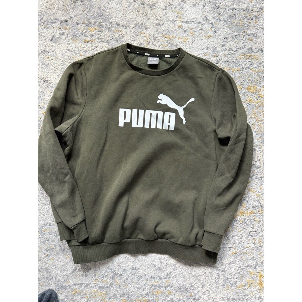 Puma Sweatshirt Hoodie Mens Medium M Long Sleeve Pocket Graphic Logo Green Tan